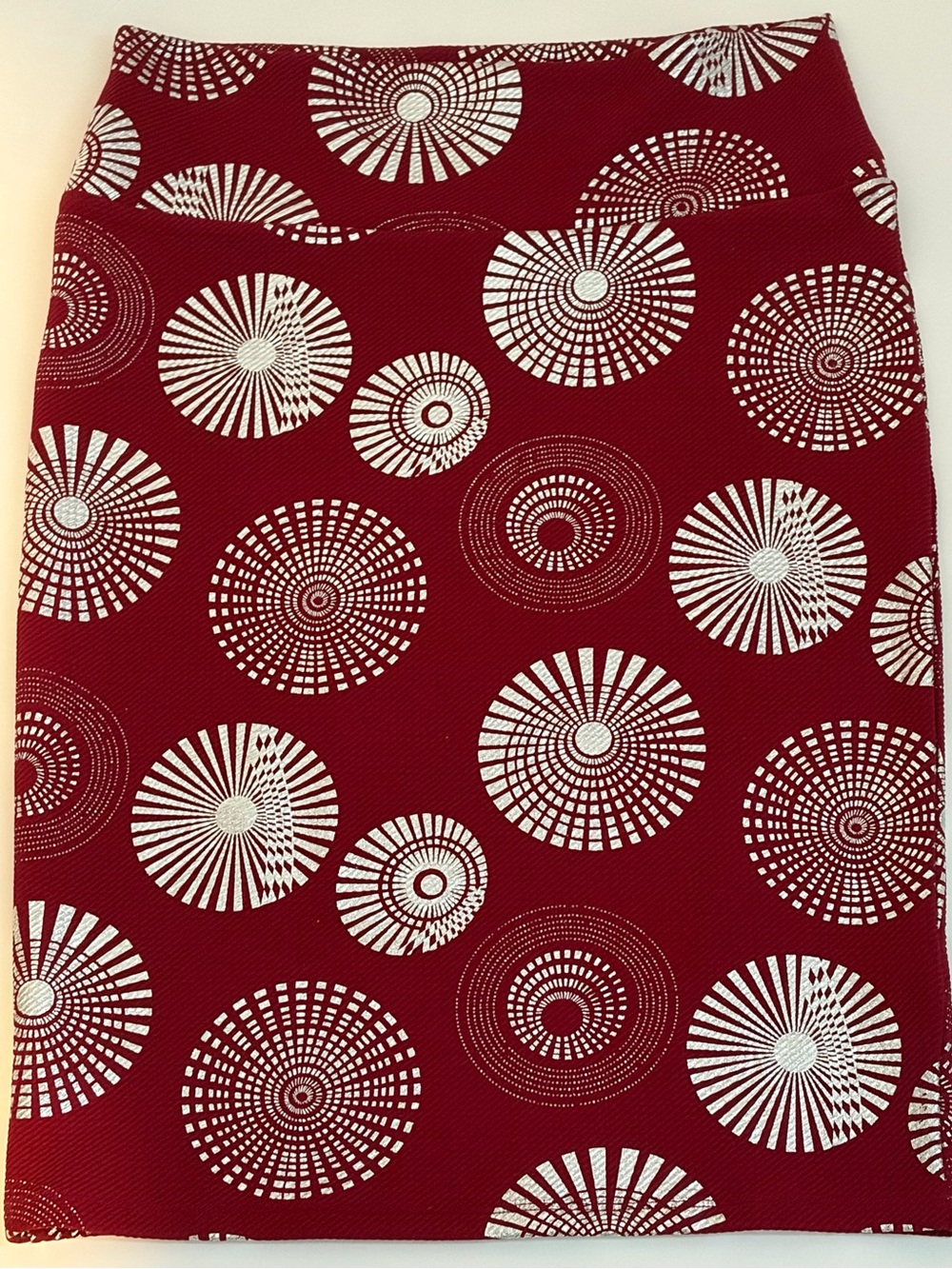 LuLaRoe Red Printed Pencil Skirt with Circular Motif Silver - Picture 2 of 3
